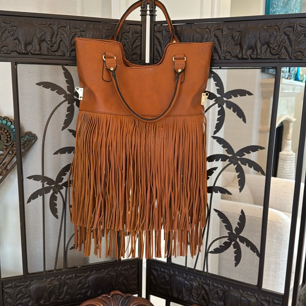 Big Buddha Fringe Shoulder Bag Carmel Brown Gold Accents